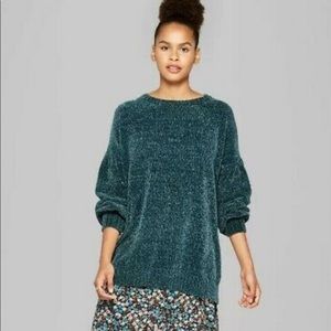 Green Chenille Bubble Sleeve Sweater